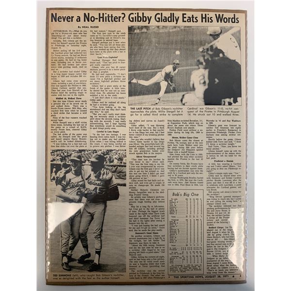 Cardinals Bob Gibson No-Hitter Newspaper article. 1971