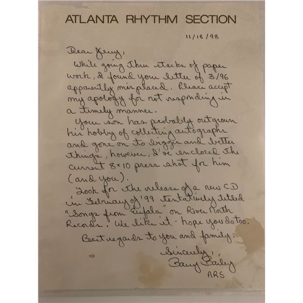 The Atlantic Rhythm Section Barry Bailey signed letter