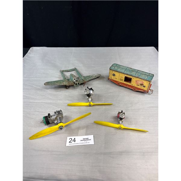 Vintage Collectible Toy Lot, Diecast Plane, Train Car and Plane Motors w/ Propellers