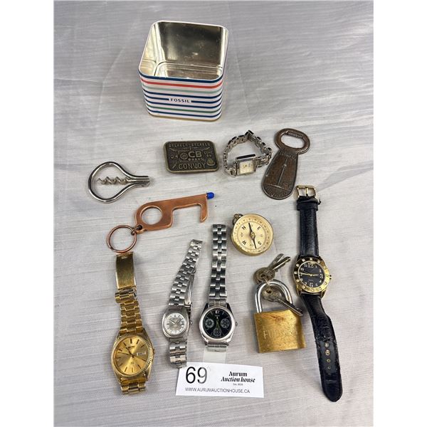 Very Nice Vintage Collectible Lot, Watches Belt Buckles, Locks, Etc