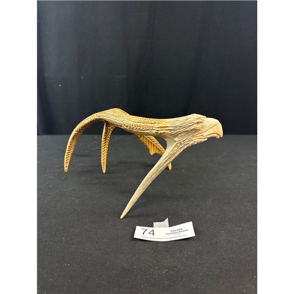 Very Nice Carved Eagle Head On Old Deer Antler, Great Detail