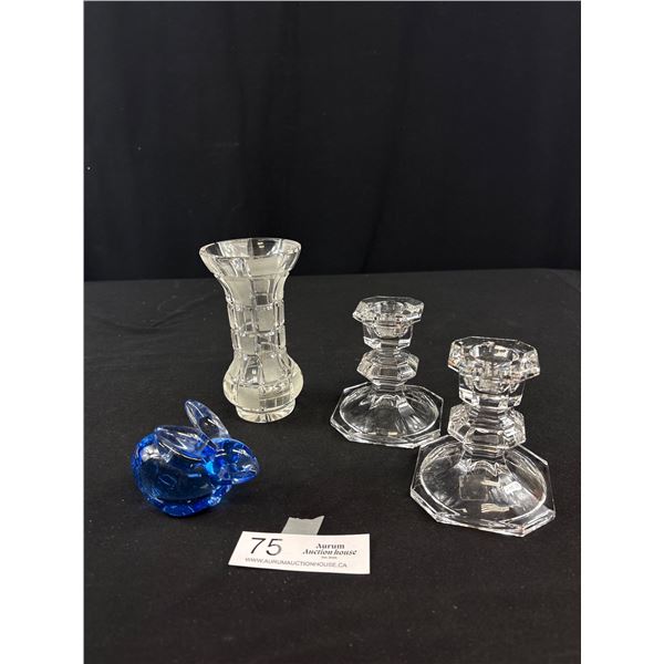 Vintage Crystal and Glass Lot of Candlesticks, Vase and Figure
