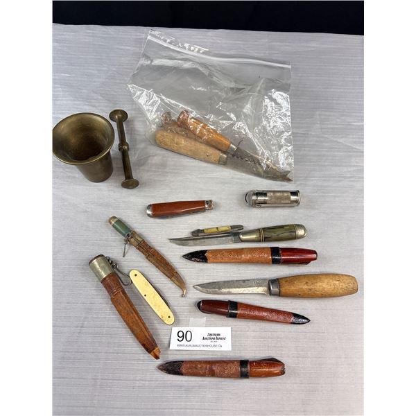 Vintage Lot of Old Knives and Brass Mortor and Pedestal