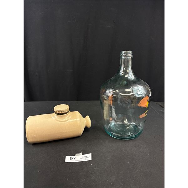 Vintage Stonewear Bedwarmer and a 12" Tall Glass French Demijohn