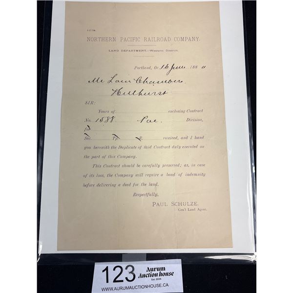 1888 Northern Pacific Railroad Land Department Document