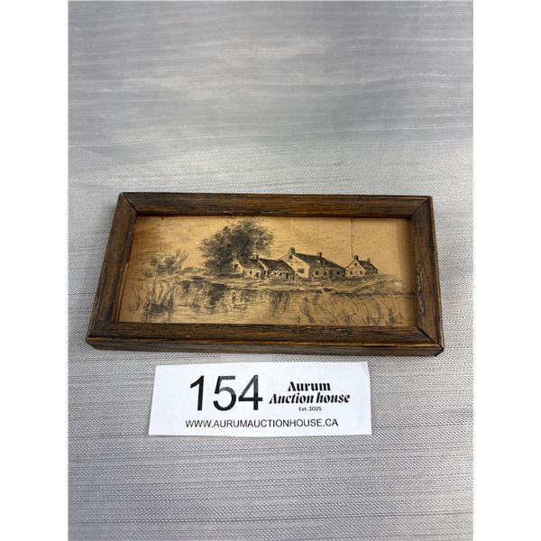 Miniature Sketch (Pencil) Oak Frame 5" x 2.5" 1930s