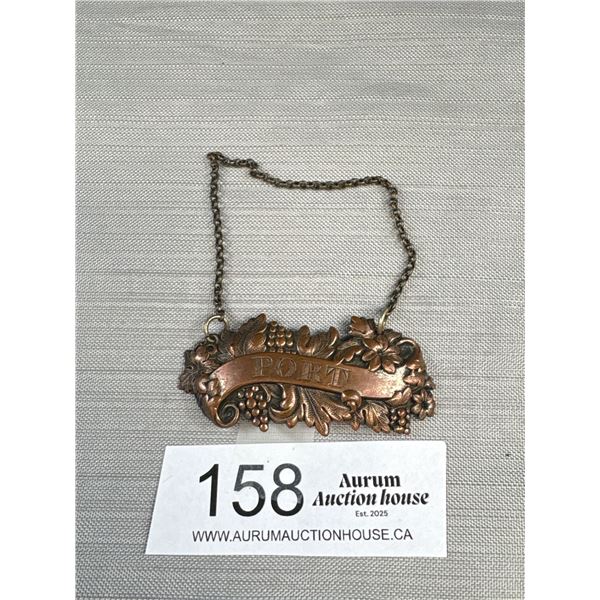 Circa 1880-1890 Copper "Sherry" Decanter Label