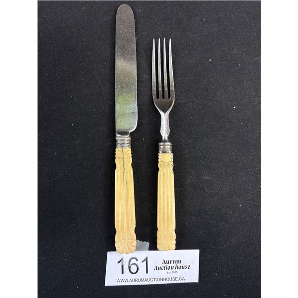 Mid 1800s Ivory Handled Knife + Fork