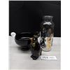 Image 1 : Mid-Century Collectibles - Black & Gold Penguin Pencil Holder, Kitty Cat Apothecary Jar/Vase & Black