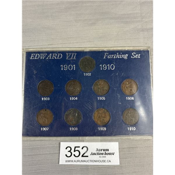 Great Britain EDWARD VII 1901-1910 9 Coin Set = Farthings 1902, 1903, 1904, 1905, 1906, 1907, 1908, 