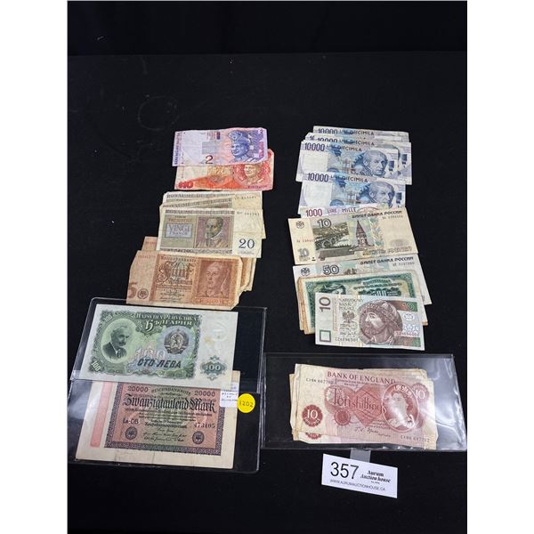 Bag of World Bank Notes,England, Italy, Russia, Portugal, Ukraine, Malawi, Yugoslavia, Poland, Bulga