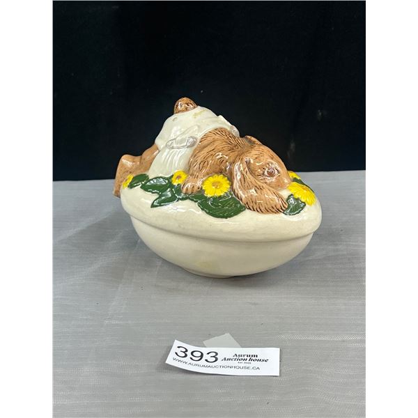Vintage Hand Painted Egg Shaped Ceramic Bunny Dish Easter