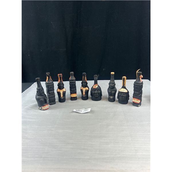 Lot of 9 Vintage Ceramic Mini "Inca Pisco" Collectible Bottles, Various Shapes and Limi Peru - Many 