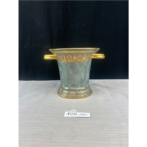 Vintage Marabella Toya Vase - Cloisonne Style Hand Painted Gold Green Floral Glass - Marked Bottom