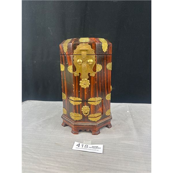 Antique Chinese Brass and Wood Hexangonal Tea Caddy