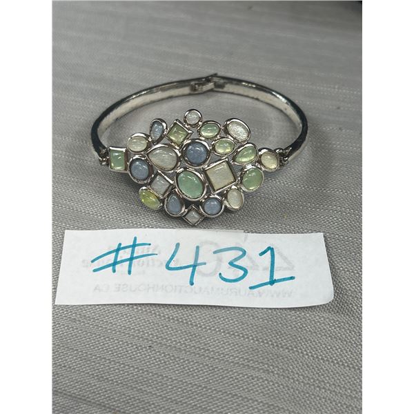 Vintage Hinged Silver Plated w/ Stones Bangle Bracelet