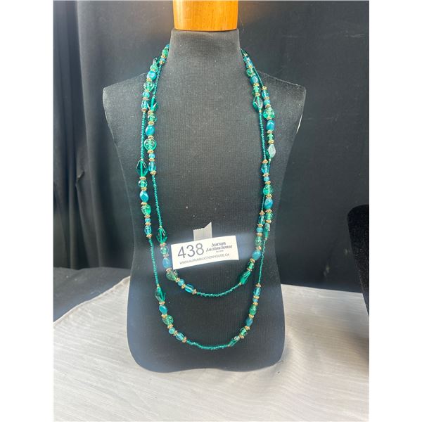Super Length Vintage Green Glass Stones Beaded Necklace