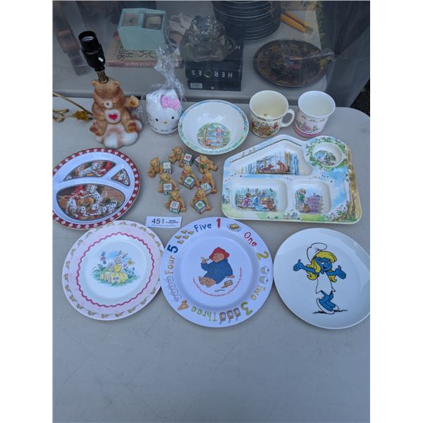 Collectible lot of Childrens Dishes & Bears Plus Lamp