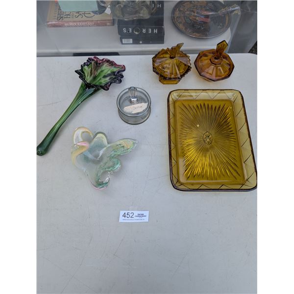 Vintage Collectible Glass Lot, Mid Century Amber Fenton Dishes and Glass Art Pieces