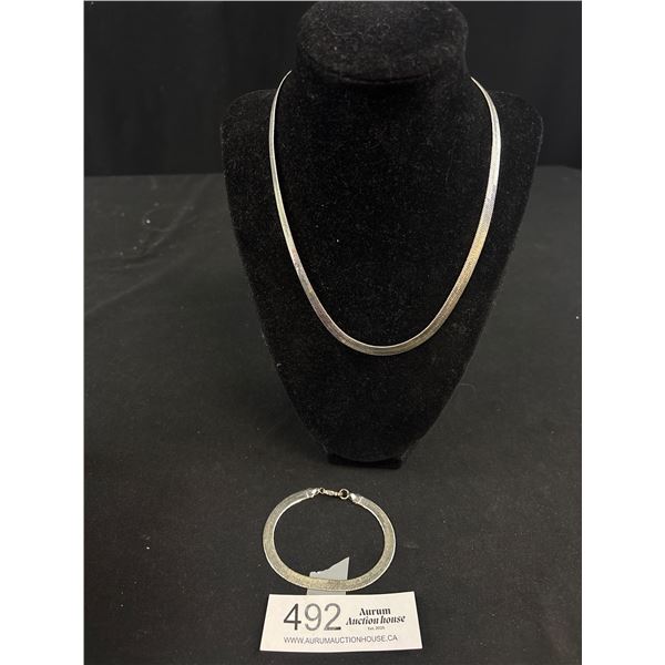Silver Plated Flat Chain Choker Necklace w/ Matching Bracelet Set