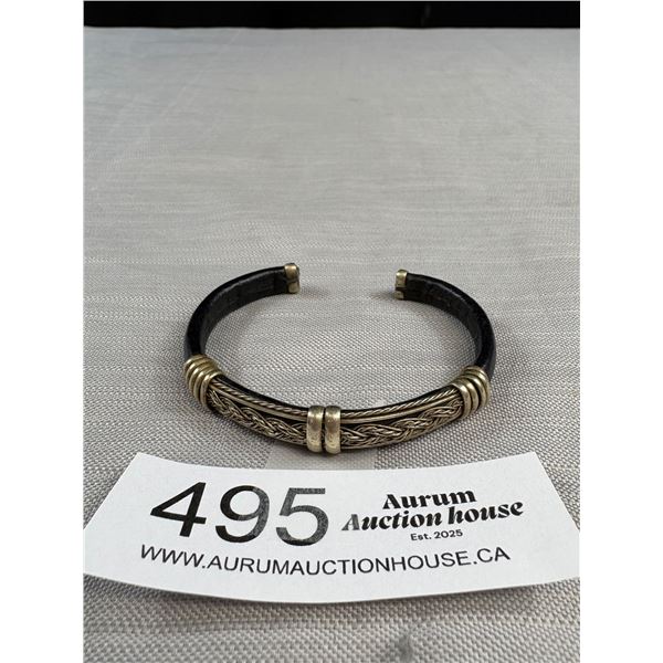 Vintage Hand Crafted Silver w/ Black Leather Bracelet