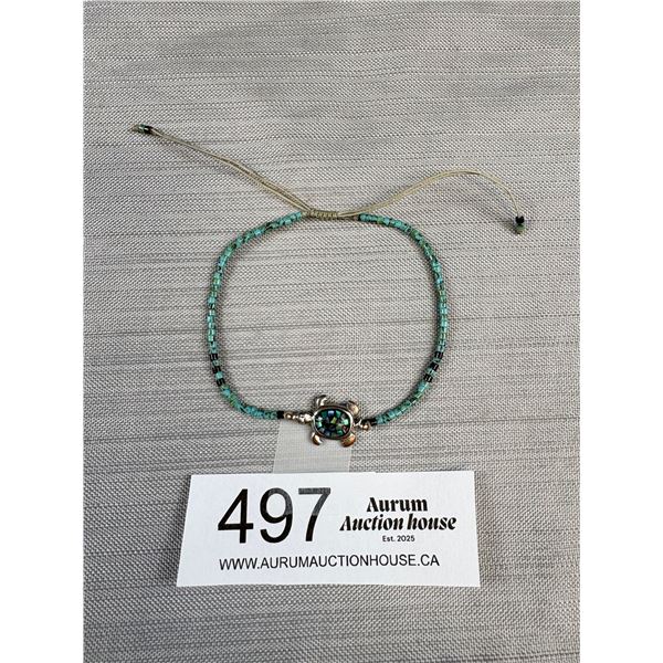 Inlaid Abelone Turtle Charm w/ Tiny Turquoise Stone Beads Bracelet