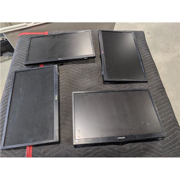 LOT DE 4 22" MONITEURS *SUPPORT ET CABLES D'ALIMENTATION MANQUANTS*