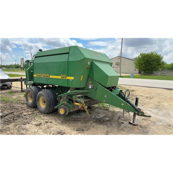 John Deere 100 Large Square Baler (3 x 3 Bales) on a Tandem Axle with Titan Flo-Trac II Tires.