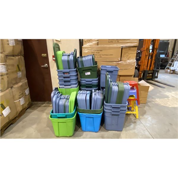LARGE GROUP OF ASSORTED PLASTIC STORAGE BINS WITH LIDS & PLASTIC STOOLS