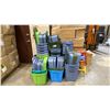 Image 1 : LARGE GROUP OF ASSORTED PLASTIC STORAGE BINS WITH LIDS & PLASTIC STOOLS
