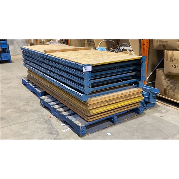 BLUE METAL SHELF RACKING 10- APPROX 8' UPRIGHTS, APPROX 14- 8' SIDE RAILS WITH WOODEN SHELVING