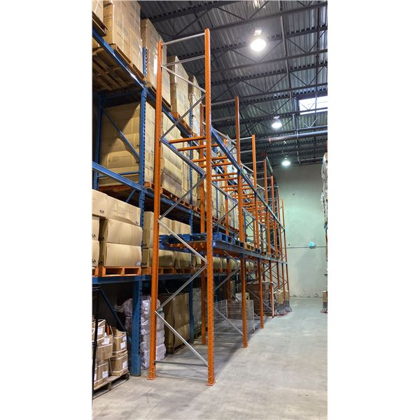 ORANGE/BLUE METAL PALLET RACKING 7-20' UPRIGHTS, 24- 8' SIDE RAILS & 48 CROSSBARS