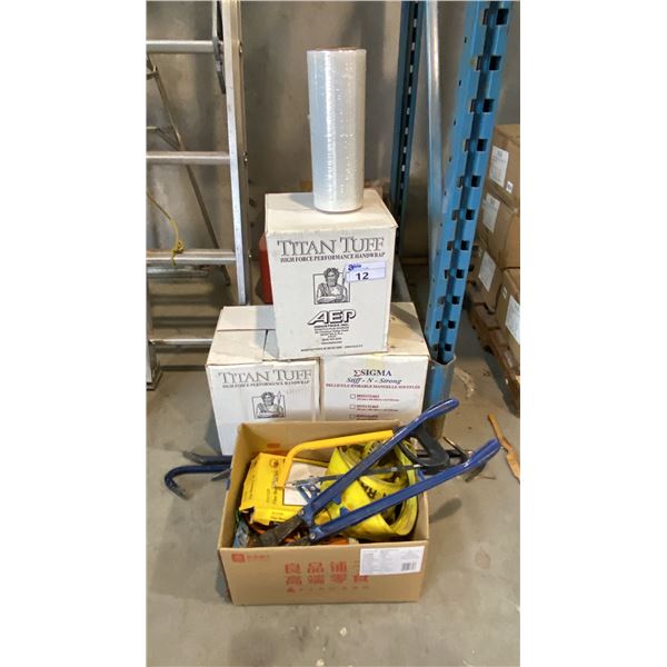 3 BOXES OF TITAN TUFF HANDWRAP, LARGE TIE DOWN STRAP, ASSORTED HAND TOOLS, ROPE & MORE