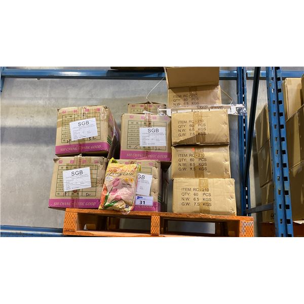 PALLET OF DISPOSABLE PLASTIC TABLE CLOTHS & WRAP CUTTERS