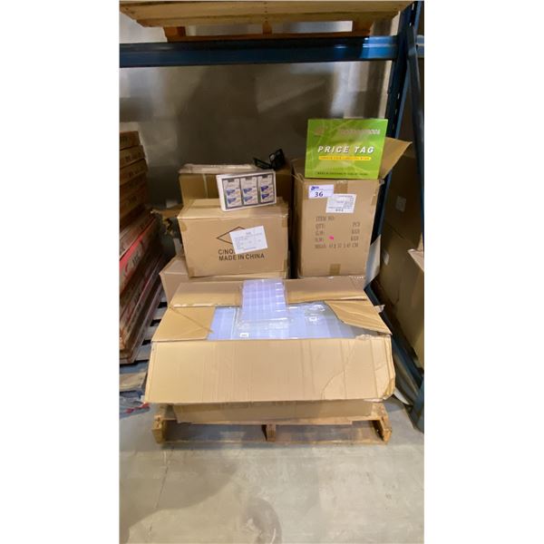 PALLET OF ASSORTED ITEMS- PRICE TAGS, STAPLES, WRAP CUTTERS, PLASTIC ORGANIZER CONTAINERS