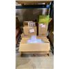 Image 1 : PALLET OF ASSORTED ITEMS- PRICE TAGS, STAPLES, WRAP CUTTERS, PLASTIC ORGANIZER CONTAINERS