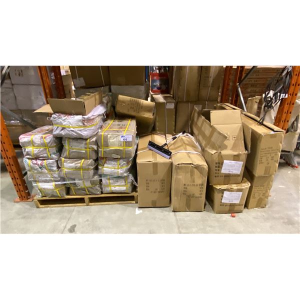 PALLET OF 5" CASTER WHEELS, PLASTIC SQUEEGEES & SMALL TEA LEAF HANGING LANTERNS