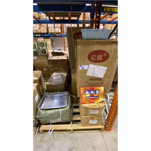 PALLET OF PAPER LABELS, RECTANGLE PLASTIC COLANDERS, STAINLESS STEEL TRAYS & GLASSES CASES