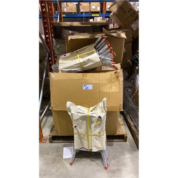 PALLET OF ASSORTED READING GLASSES, FOLDING TABLE BASES, WHITE MOBILE RETAIL DISPLAY BINS & CANES