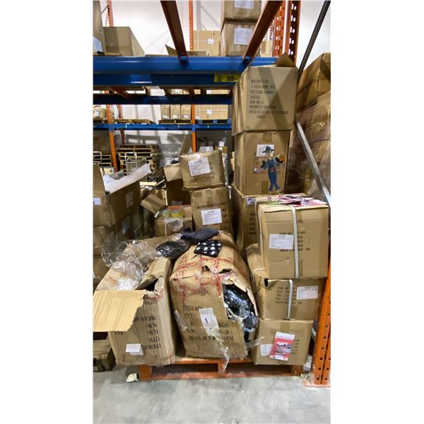 PALLET OF ASSORTED TOQUES, S-HOOKS, SCISSORS, PRICE TAGS, HAND SAWS & METAL GARDEN DECORATIONS