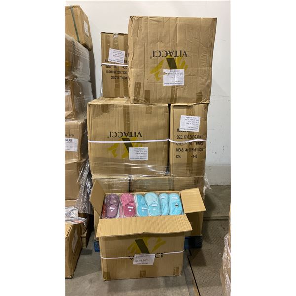 1 PALLET OF ASSORTED SIZED WOMENS SLIPPERS - APPROX 90 PER CASE APPROX 16 CASES PER PALLET