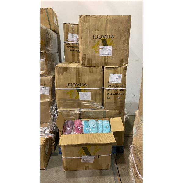 1 PALLET OF ASSORTED SIZED WOMENS SLIPPERS - APPROX 90 PER CASE APPROX 16 CASES PER PALLET