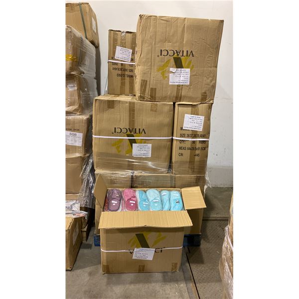 1 PALLET OF ASSORTED SIZED WOMENS SLIPPERS - APPROX 90 PER CASE APPROX 16 CASES PER PALLET