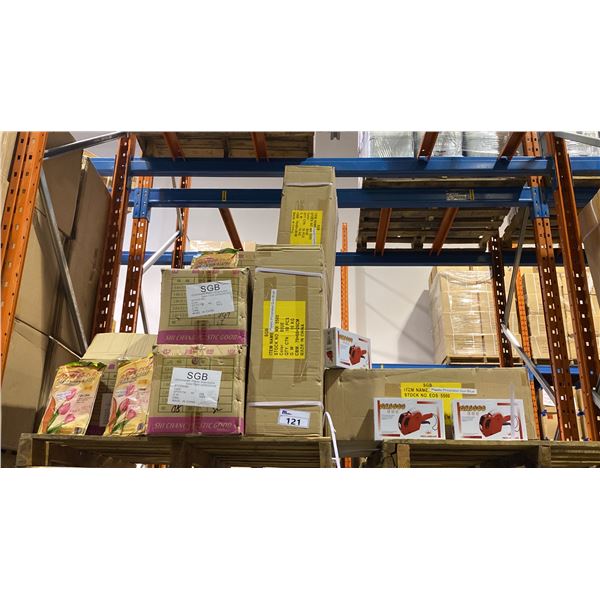 PALLET OF PLASTIC PRICE LABEL GUNS & DISPOSABLE TABLE CLOTHS