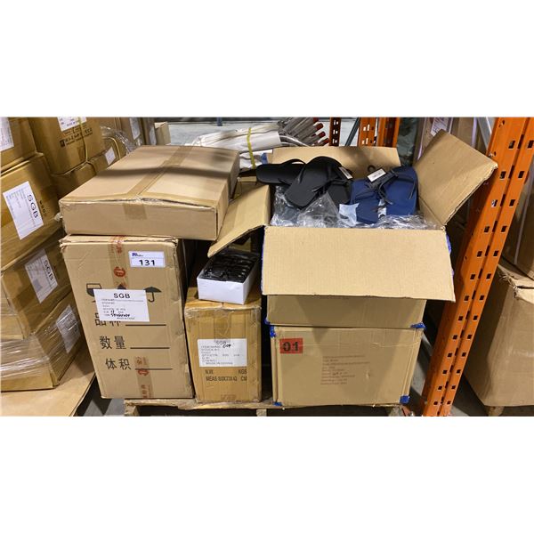 PALLET OF WET FLOOR SIGNS, ASSORTED SIZED FLIP FLOPS, PAINT TRAYS, BLACK WIRE SHELVING POST &