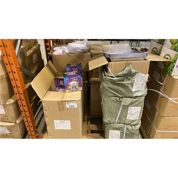 PALLET OF STAINLESS STEEL TRAYS, MINI HOT POTS & WHITE PLASTIC BOWLS