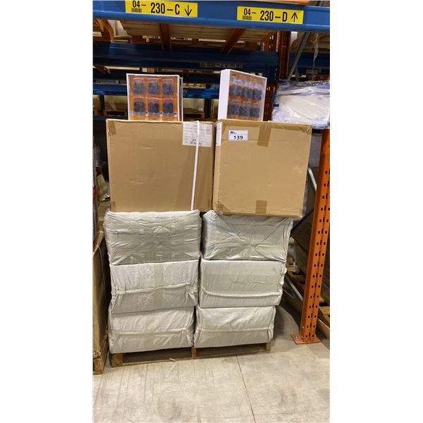 PALLET OF BLACK RUBBER LEG TIPS & PLASTIC FACE SHIELDS