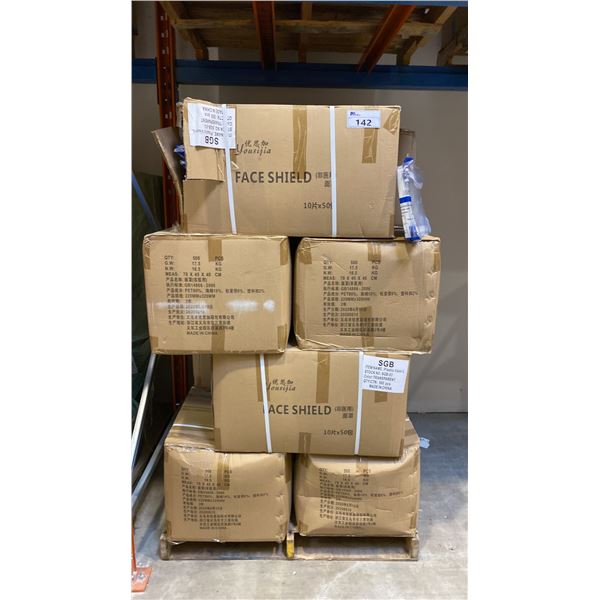 PALLET OF TRANSPARENT FACE SHIELDS APPROX 12 CASES, 500PCS PER CASE