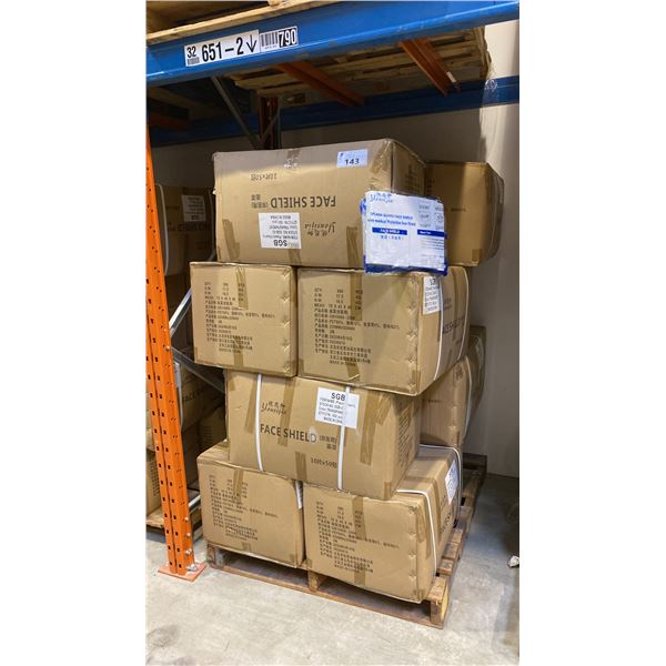 PALLET OF TRANSPARENT FACE SHIELDS APPROX 12 CASES, 500PCS PER CASE