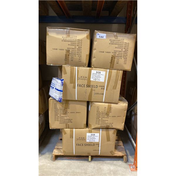 PALLET OF TRANSPARENT FACE SHIELDS APPROX 12 CASES, 500PCS PER CASE